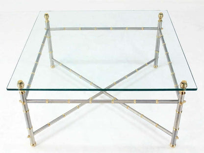 EstablishedLines Very Fine Metal Faux Bamboo Chrome Brass Base Glass Top Square Coffee Table