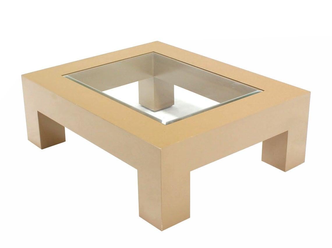 EstablishedLines Heavy Thick Square Legs  Beige Lacquer Base Glass Top Rectangle Coffee Table