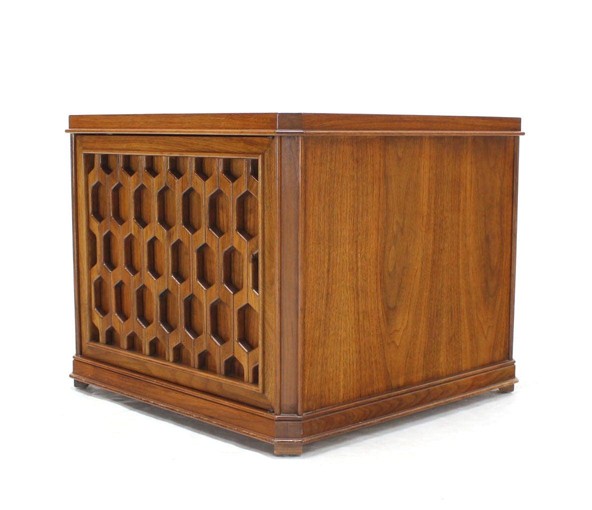 EstablishedLines Walnut Carved Honeycomb Pattern One Door Cube Square Shape Side End Table Stand