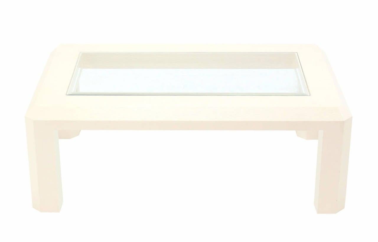 EstablishedLines Beige Lacquered Textured Grass Cloth Rafia Rectangular Glass Top Coffee Table