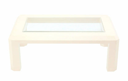 EstablishedLines Beige Lacquered Textured Grass Cloth Rafia Rectangular Glass Top Coffee Table