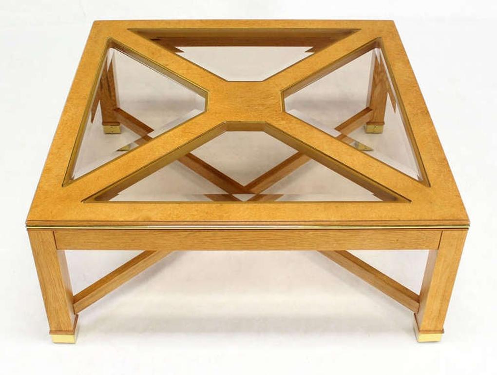 EstablishedLines Beveled Smoked Glass Bird's-Eye Maple Brass Square Legs Coffee Table MINT!
