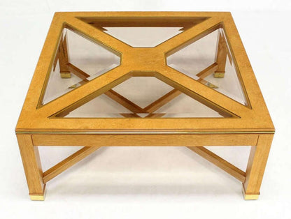 EstablishedLines Beveled Smoked Glass Bird's-Eye Maple Brass Square Legs Coffee Table MINT!