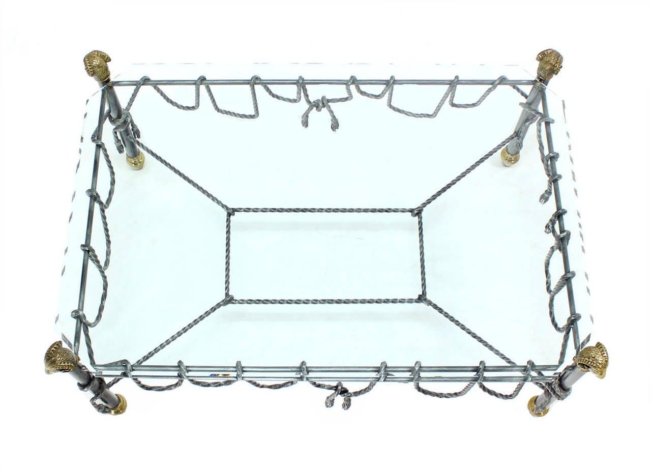 Ornate Wrought Iron Brass Ram Head Motive Glass Top Rectangle Coffee Table Mint