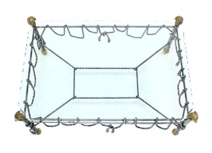 Ornate Wrought Iron Brass Ram Head Motive Glass Top Rectangle Coffee Table Mint