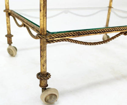EstablishedLines Midcentury Italian Gold Gilt Metal Rope and Tassels Glass Top Bar Tea Cart Wheel