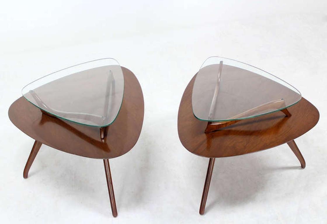 EstablishedLines Pair of Organic Shape Rounded Triangle End Tables with floating  Glass Tops MINT