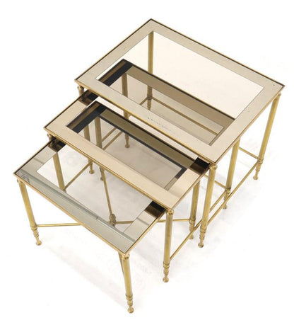 Set of 3 Brass Mirrored Border Glass Tops Nesting Stacking Tables