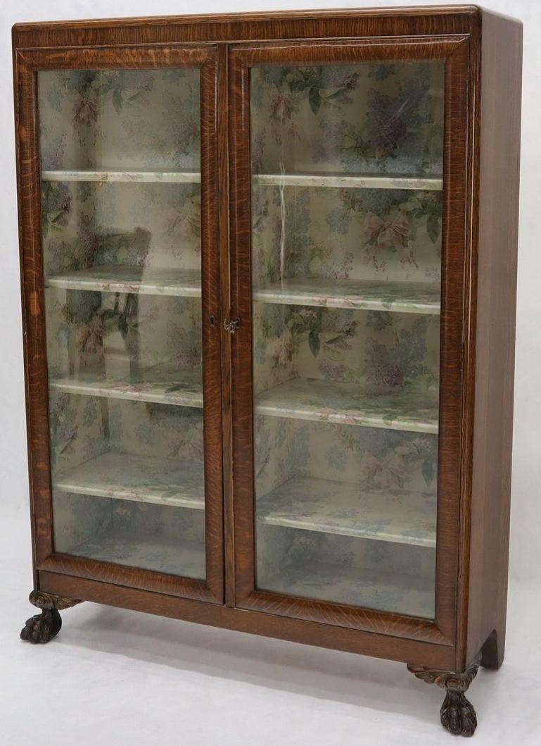 Claw Feet Tiger Oak Double Door Bookcase Curio Cabinet Wallpaper Interior