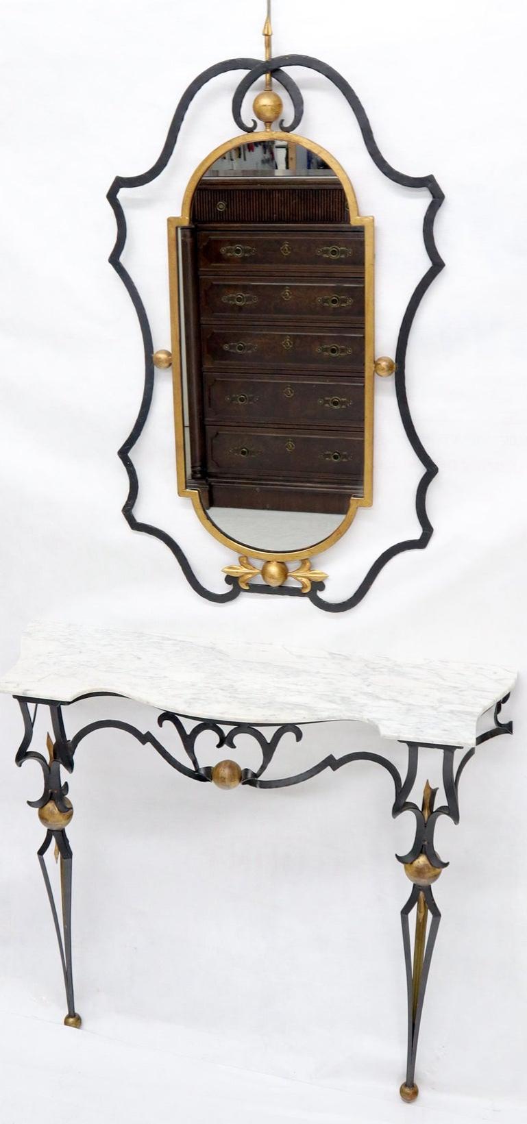 Wrought Iron Figural Marble Top Console Wall Gold Decorated Mirror Set