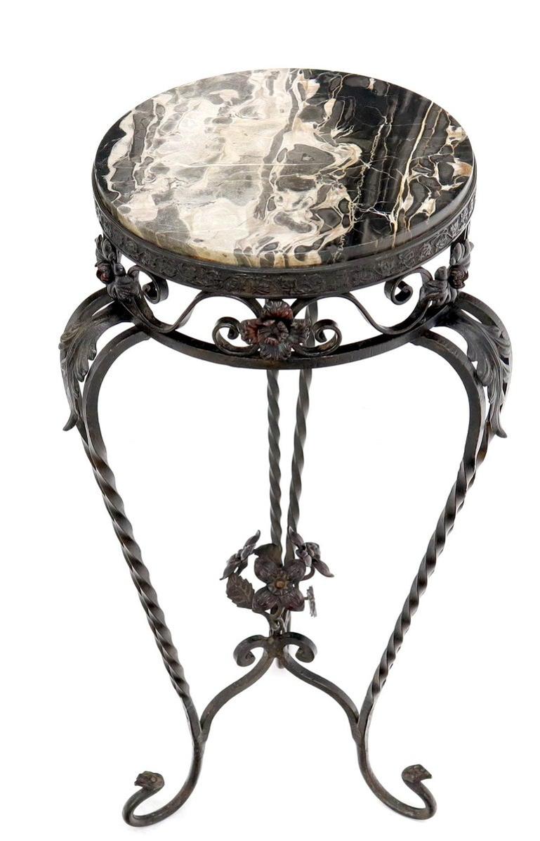 Round Black & White Marble Top Wrought Iron Pedestal Stand Table
