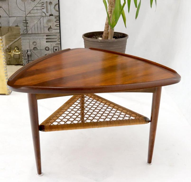 Rounded Triangular Shape Danish Mid-Century Modern Side Occasional Table Cane