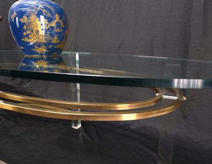 Mid-Century Oval Thick Glass Top Lucite Brass Base Coffee Table