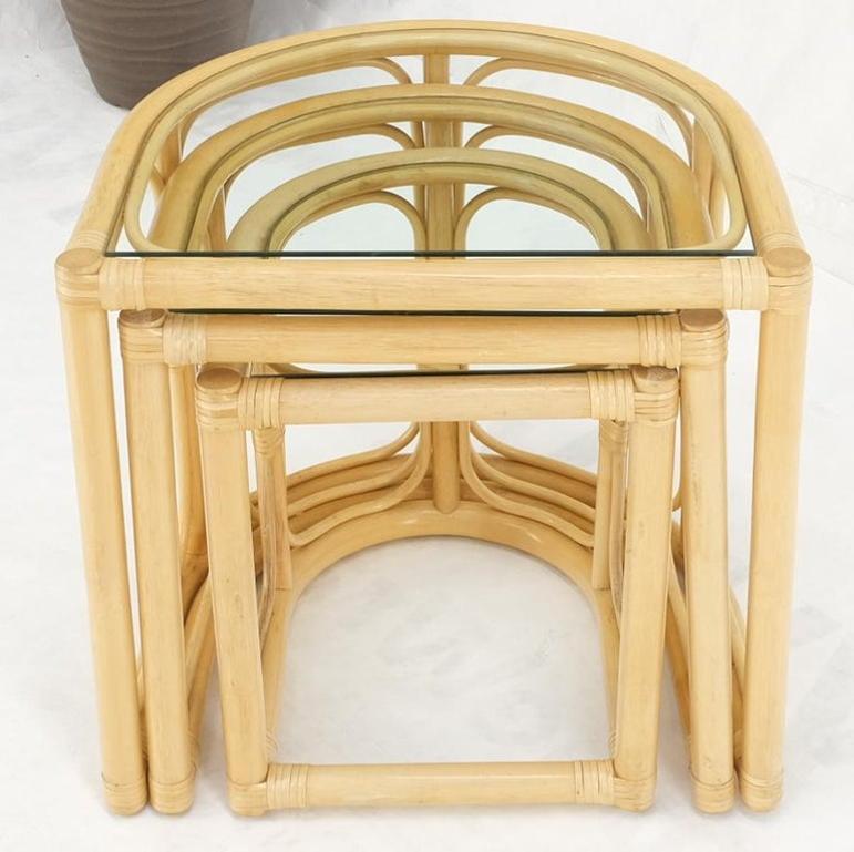 Bent Reed Bamboo Rattan Set of Three Stacking End Side Occasional Tables Stands