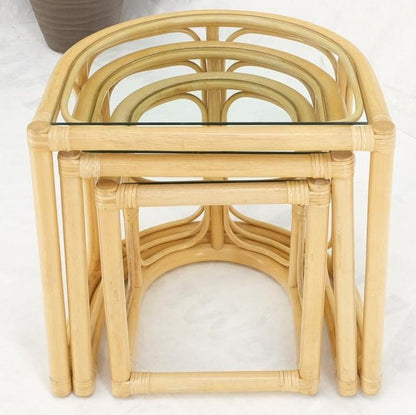 Bent Reed Bamboo Rattan Set of Three Stacking End Side Occasional Tables Stands
