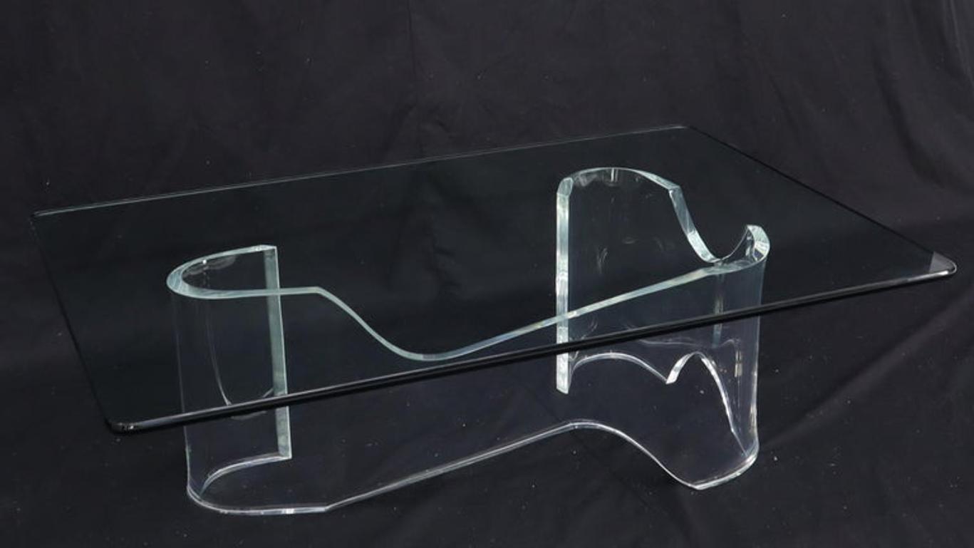 Thick Bent Lucite Organic Shape Base Rectangle Glass top Coffee Table