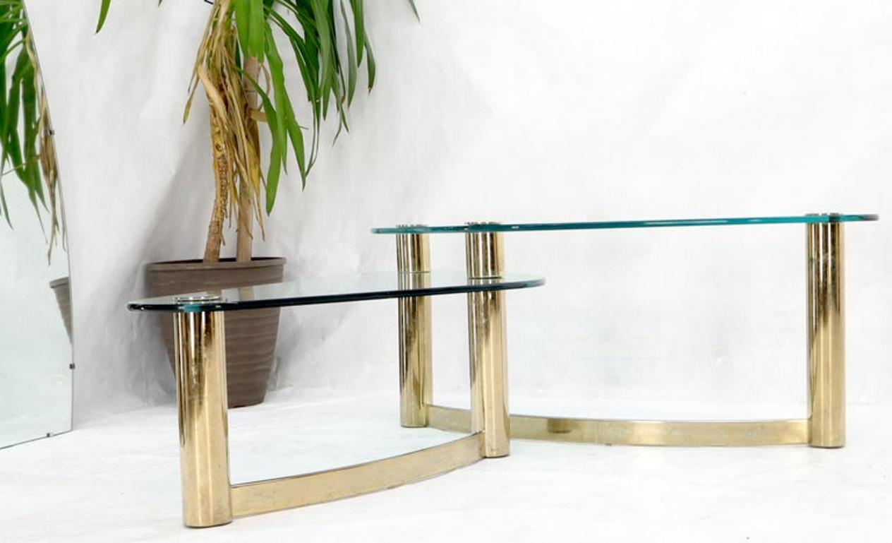 Two-Tier "L" Shape Glass and Brass Organic Kidney Shape Coffee Table