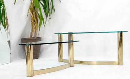 Two-Tier "L" Shape Glass and Brass Organic Kidney Shape Coffee Table