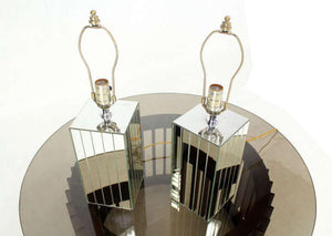 Pair of Cube Shape Mid-Century Modern Mirrored Table Lamps