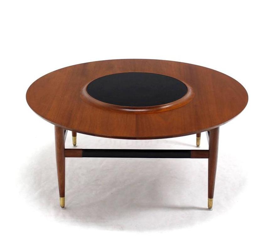 Round Walnut Coffee Table with Raised Black Laminate Lazy Susan Center