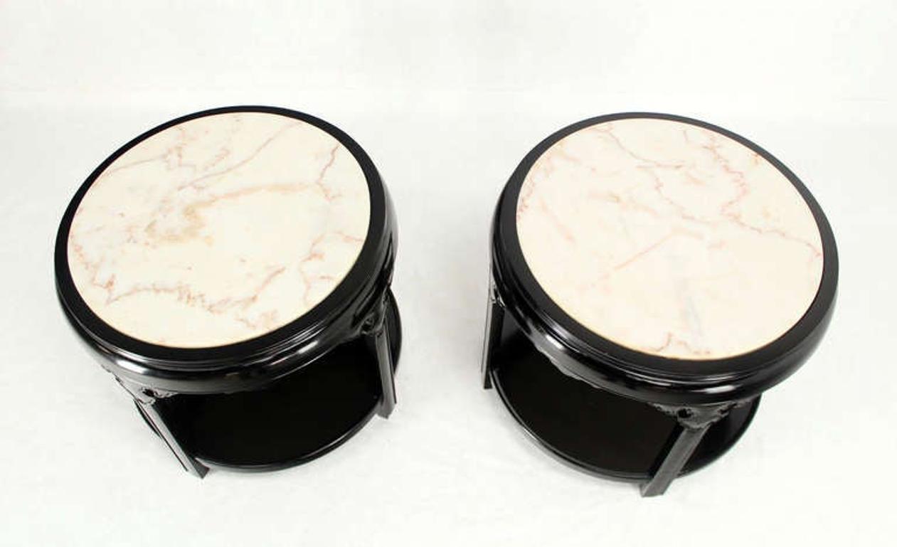 Pair of Round Black Lacquer Asian Inspired Marble-Top End Tables