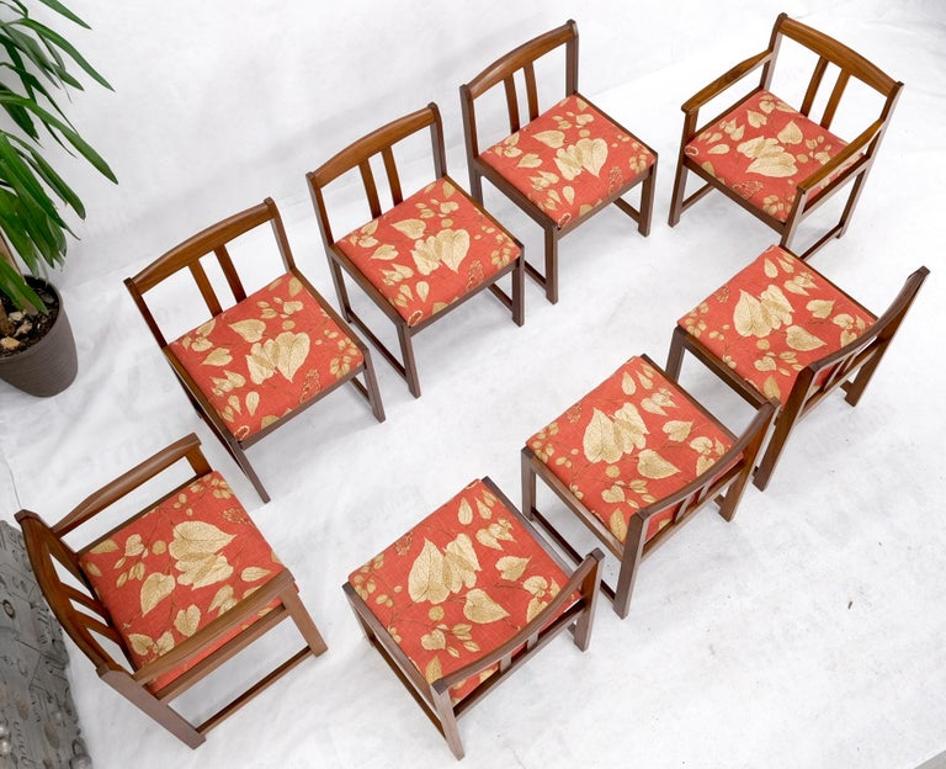 Set of 8 Solid Rosewood Red Linen Fabric Upholstery Dining Arm Side Chairs