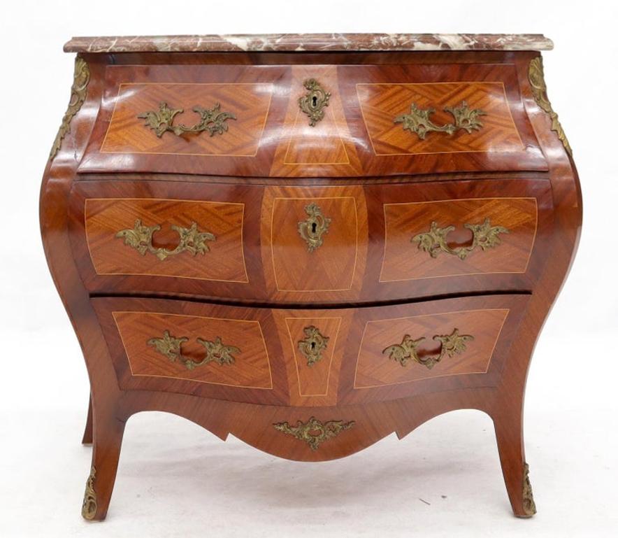 Bombe French Marble-Top Bronze Ormolu Louis XV Style 3 Drawers Dresser Commode