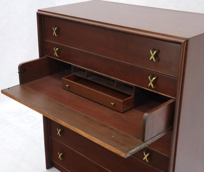Paul Frankl Brass X-Pulls Brown Cherry High Chest with Drop Front Secretary