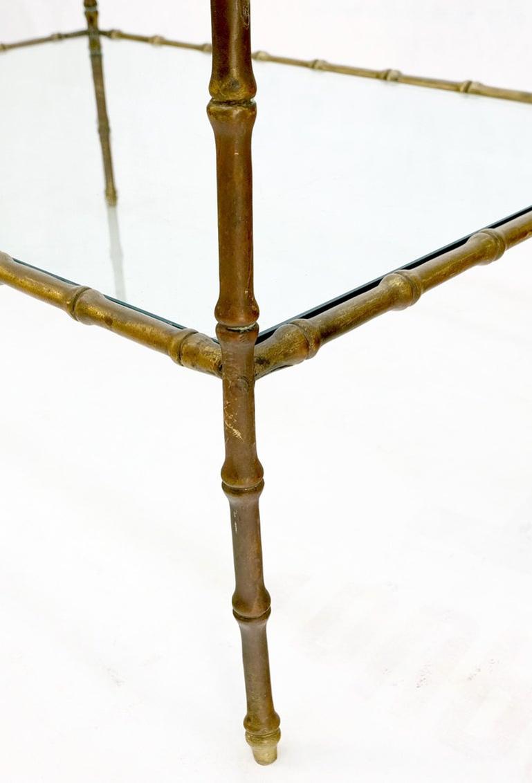 Solid Bronze Two Tier Faux Bamboo Glass Top Rectangle Side End Table Nice Patina