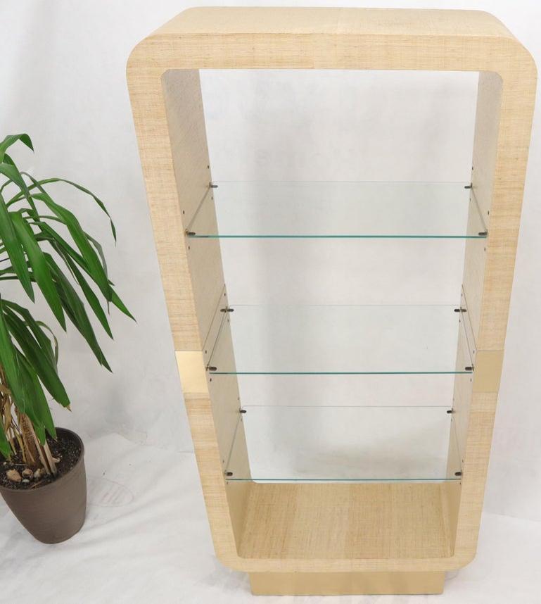 Raffia Cloth Finished Rounded Angles Étagère Display Unit Glass Shelves