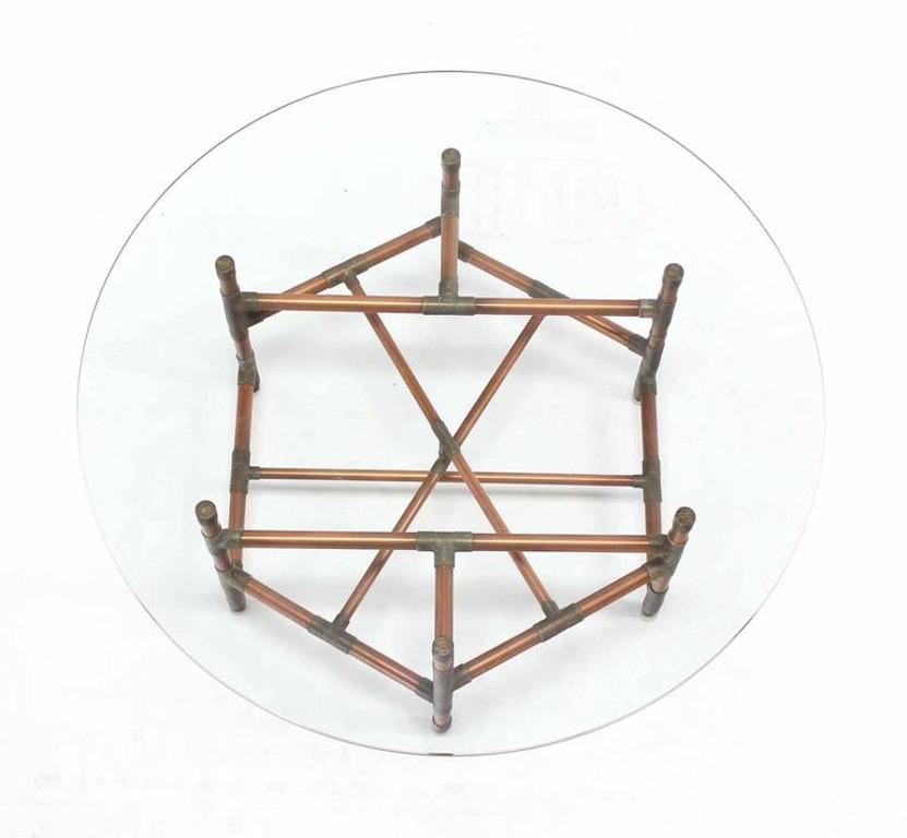 Copper Pipe and Fitting Sculpture Base Round Glass Top Coffee Table