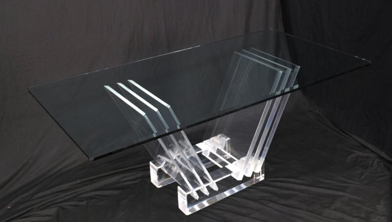 Folding Collapsible Lucite Base Glass Top Mid-Century Modern Dining Table