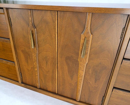 Long Walnut 9 Drawers Two Doors Mid-Century Modern Dresser Credenza Burl Accents