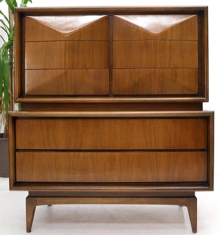 Diamond Front Walnut Mid-Century Modern Double High Chest Dresser