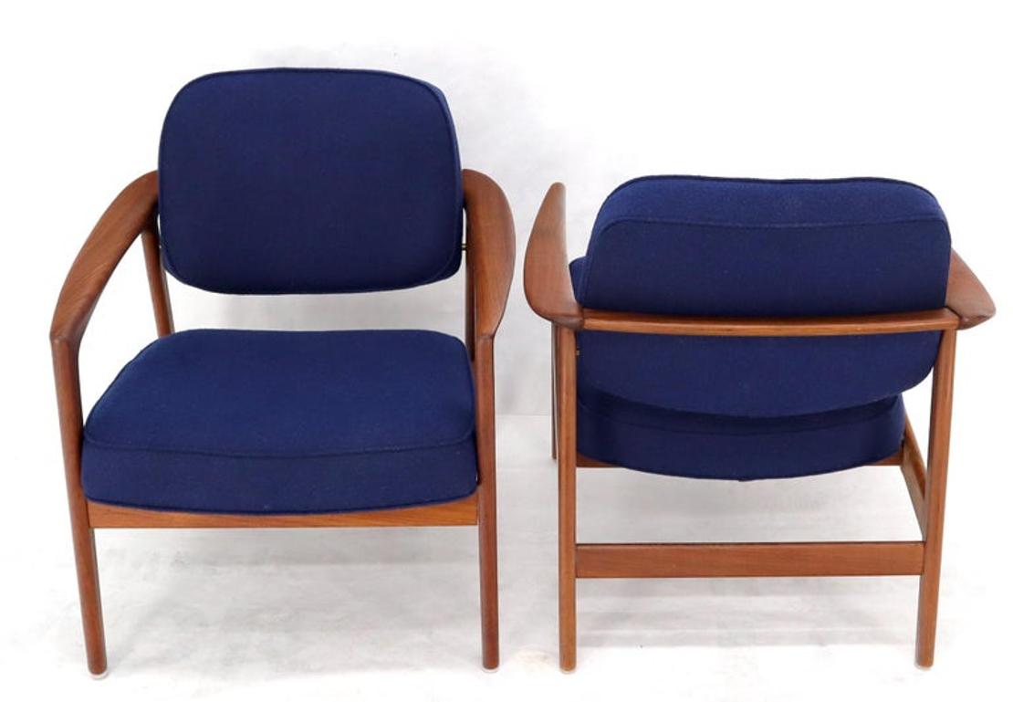 Pair of New Blue Upholstery Teak Danish Mid-Century Modern Arm Lounge Chairs