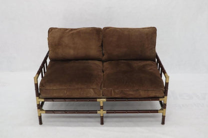 Brown Suede Upholstery Faux Bamboo Italian Mid-Century Modern Settee Loveseat