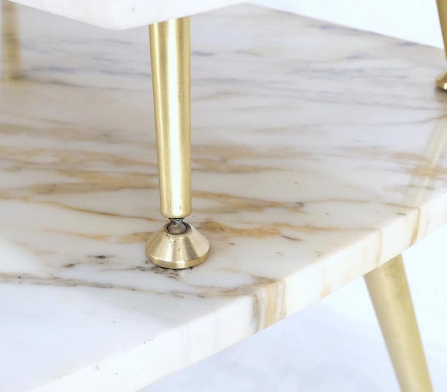 Pair of Asymmetrical Wedge Two Tier Marble Top Tapered Brass Legs Side End Table
