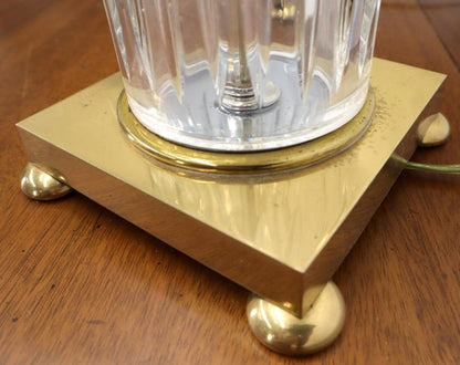 Pair of Fine Cut Glass Crystal Cylinder Shape Table Lamps on Brass Bases