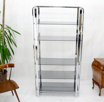 Crome and Smoked Bronze Glass Shelves Tall Display Étagère Vitrine