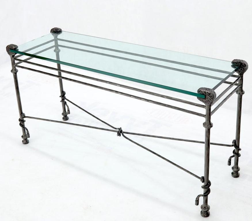 Hammered Forged Metal Wrought Iron Base 3/4" Glass Top Console Table Giacometti