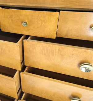 9 Drawers Art Deco Mid-Century Modern Burl Wood Bow Front Dresser Brass Pulls