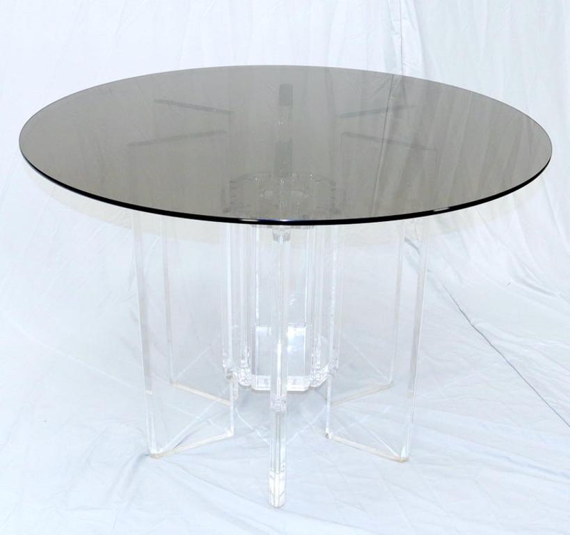 Heavy Massive Lucite Base Round Bronze Smoked Glass Top Dining Conference Table