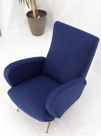 New Navy Blue Upholstery Italian Mid-Century Modern Lounge Chair on Brass Legs