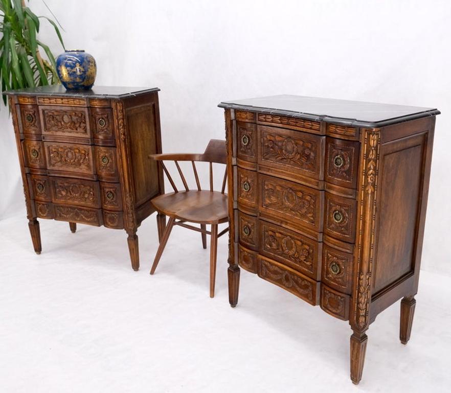 Pair Antique Marble Top Finely Carved 3 Drawers Brass Pulls Bachelor Chests MINT