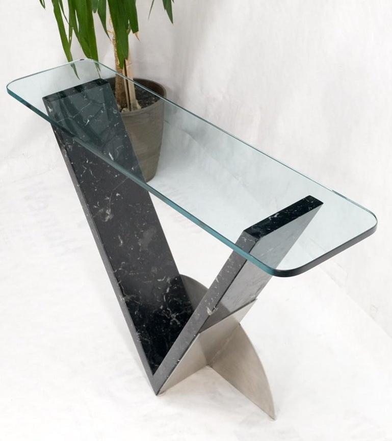 "V" Shape Marble Base Thick Glass Top Modern Custom Design Console Table