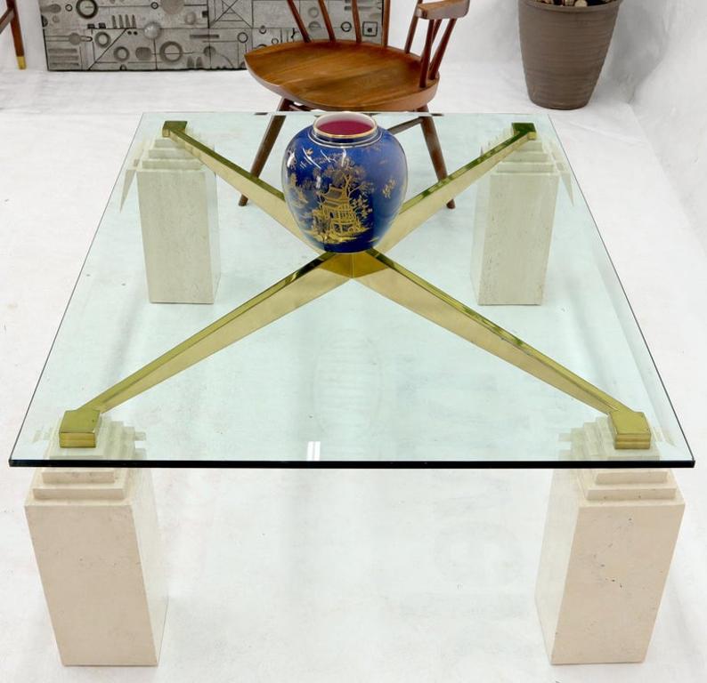 Square Travertine Legs Brass X Shape Base Glass Top Coffee Table