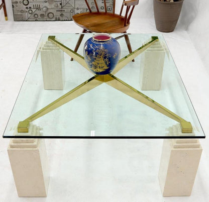 Square Travertine Legs Brass X Shape Base Glass Top Coffee Table