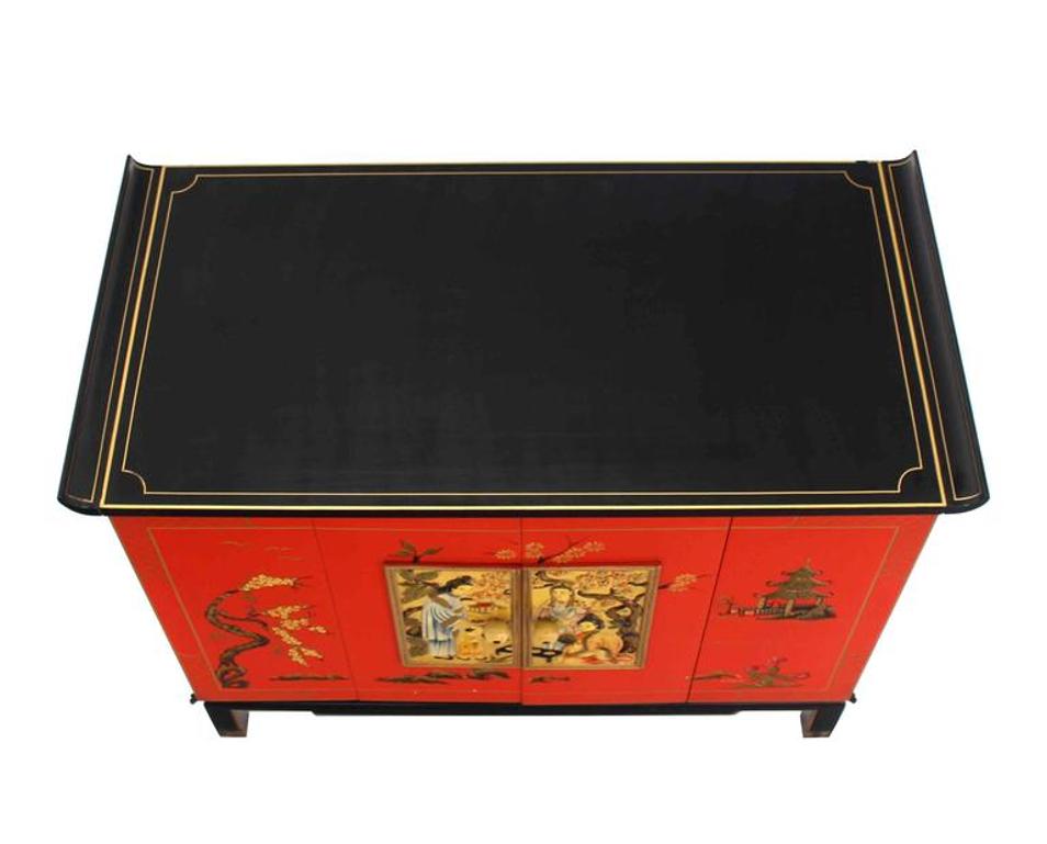 Black Red Lacquer Two Tone Cabinet Bachelor Chest Rolled Edge bracket Feet