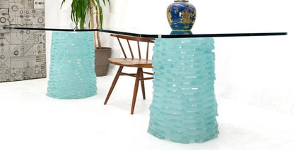 Pair of Fused Glass Blocks Pedestal Bases Rounded Square Tops Dining Game Table