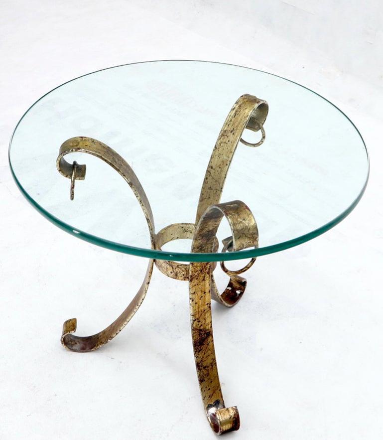 Round Glass Top Gold Gilt Tripod Wrought Iron Base Side End Table